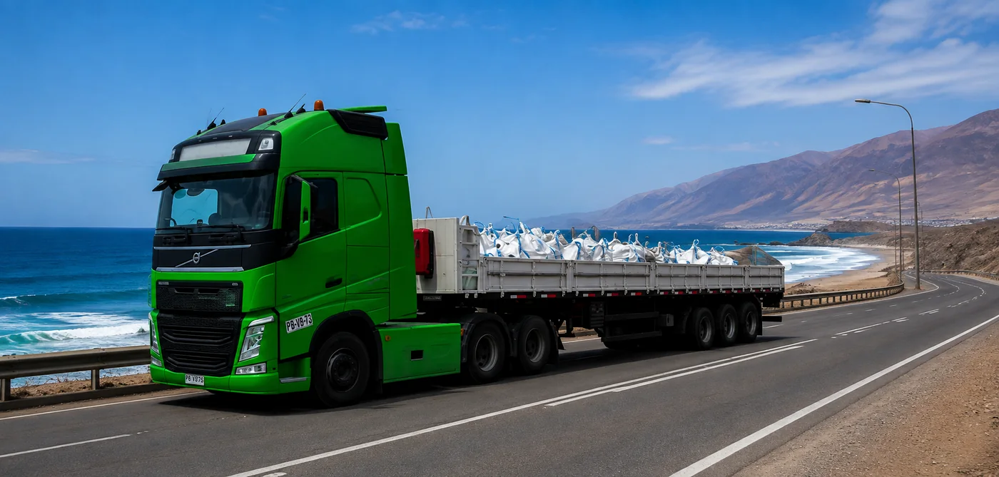 Tractocamión TranSanPablo transportando carga en rampla