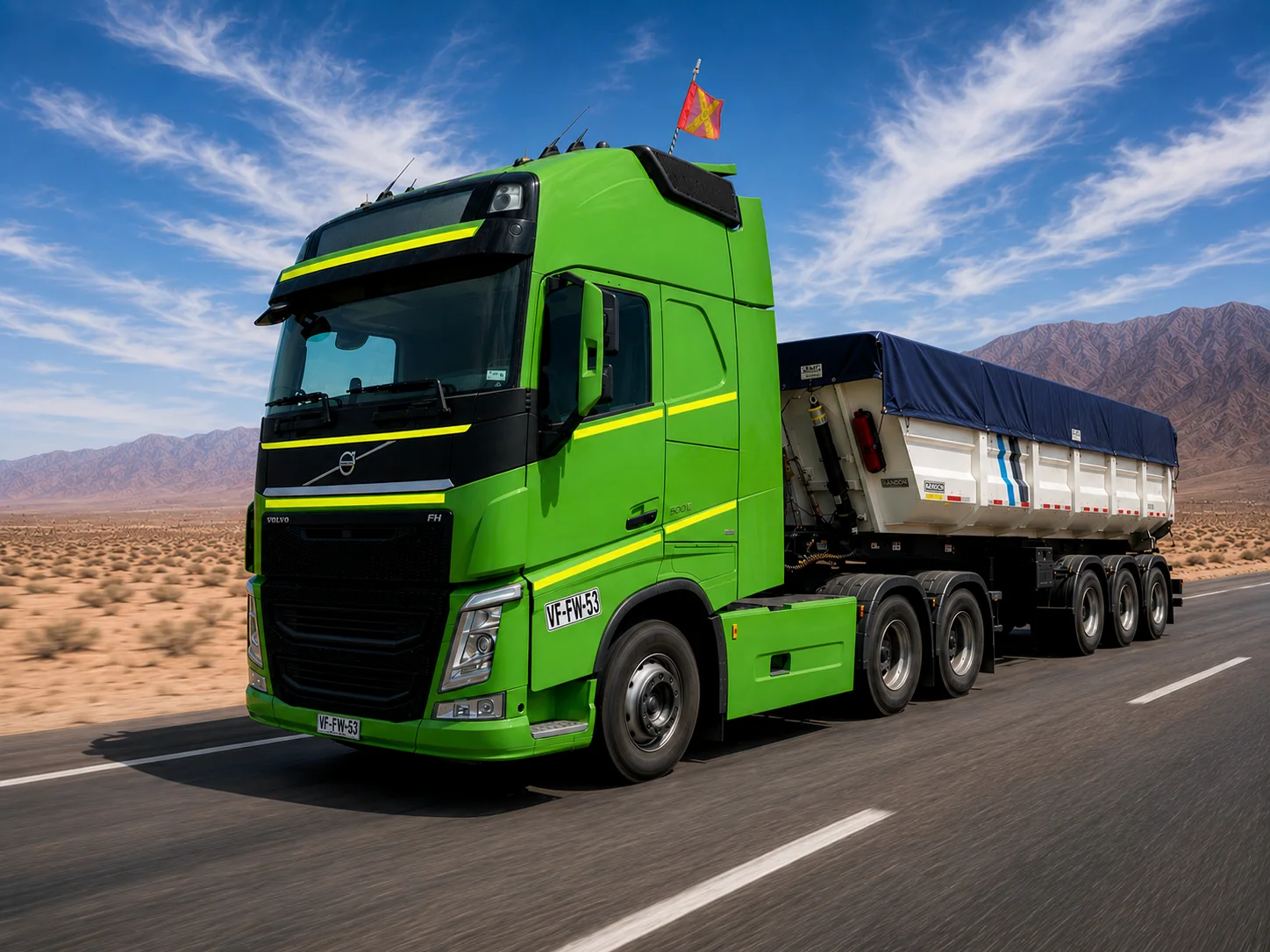 Tractocamión Volvo con batea para transporte de material